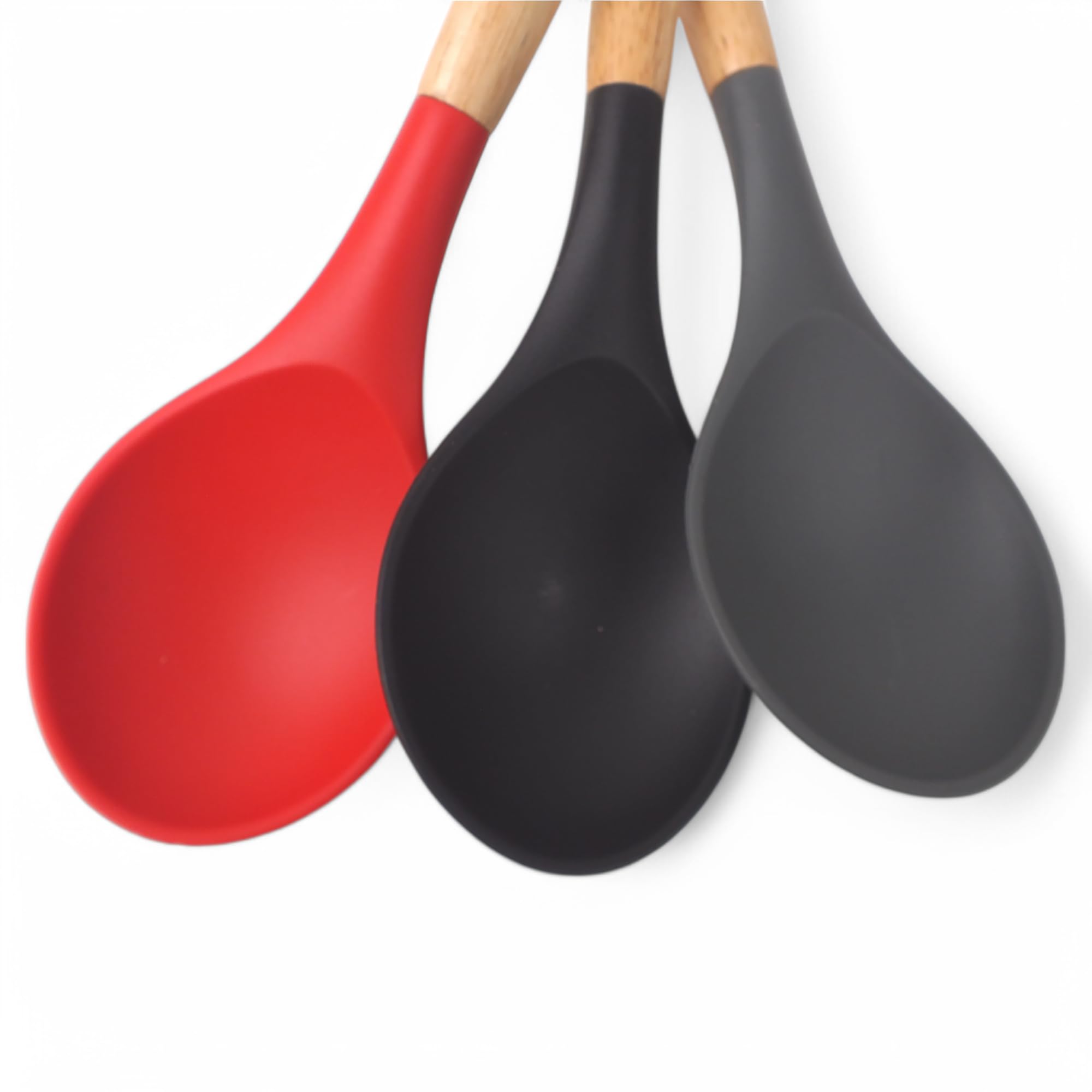Deconox Bambu Saplı Silikon Servis Kaşığı, Bambu Uzun Silikon Servi Kaşığı 28cm 3 Renk Seçenekli, Yemeklerinizi Servis Etmek İçin Silikon Servis Kaşığı (KIRMIZI)
