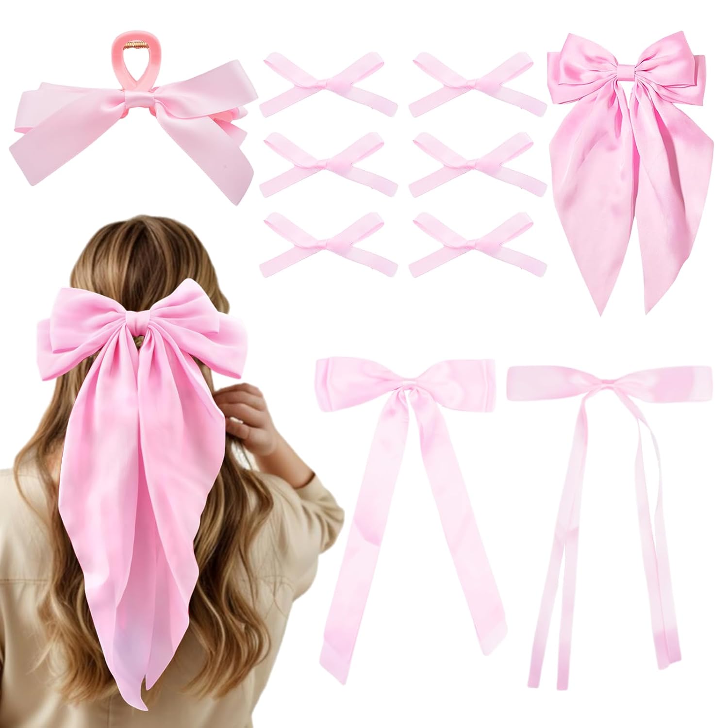 10PCS Silk Satin Hair Bows Clips - Long Pink Ribbon Barrettes for Women Girls Teens,Cute Aesthetic Hair Accessories Variety Pack,Large No-Slip Grip Bowknot Hair Clips for Gift 10PC-Pink