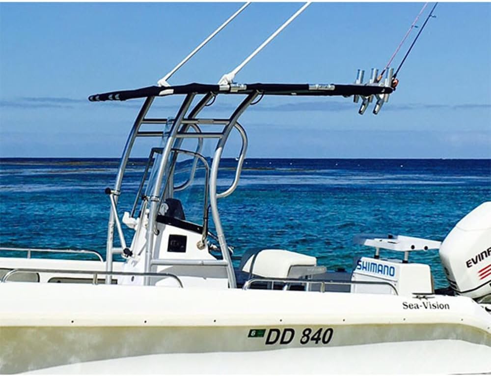 Dolphin Pro S2 Folding T-Top for Center Console Fishing Boats – Anodized Aluminum Bimini Canopy with Quick Release Knobs & Antenna Bracket