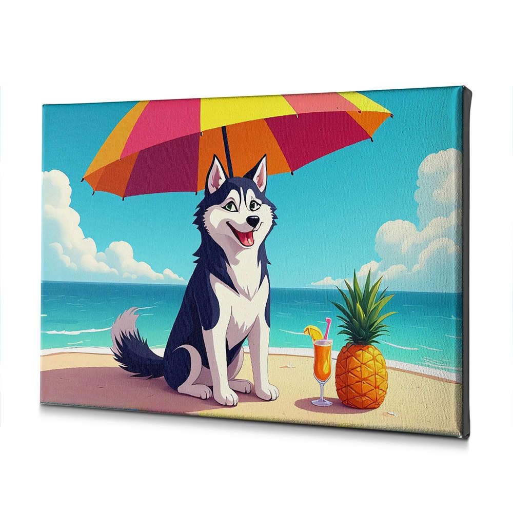 Tableau de Pâques husky à la plage toile déco murale 40x60 cm