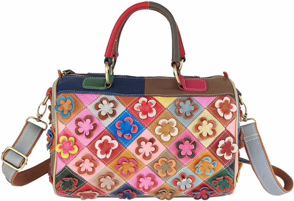 Downupdown Genuine Leather Boston Bags for Women 3D Floral Top Handle Handbags Purses Satchel Shoulder Crossbody Bag Tote Bag