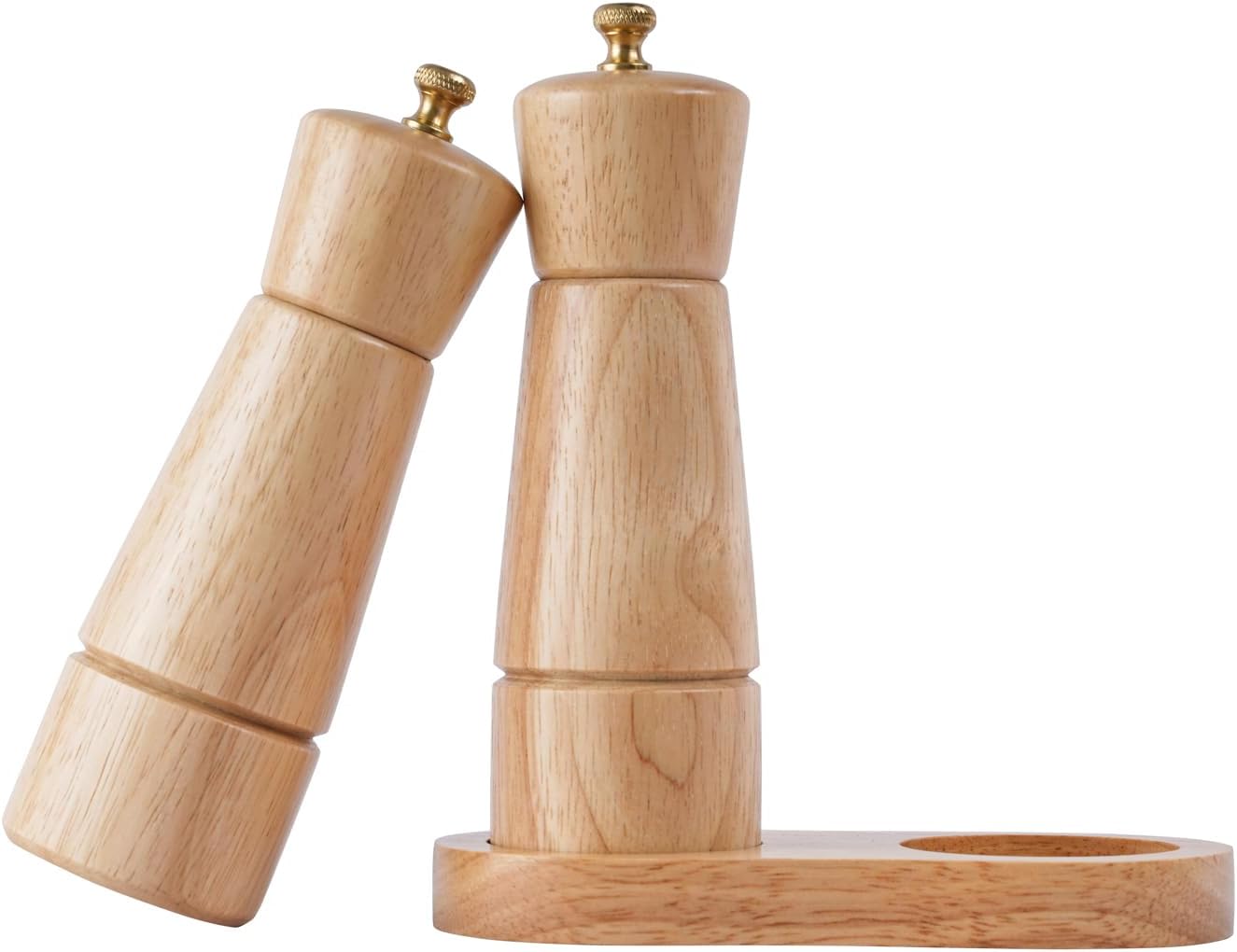 Navaris Salt and Pepper Grinder Set Wooden Grinders with Tray Holder