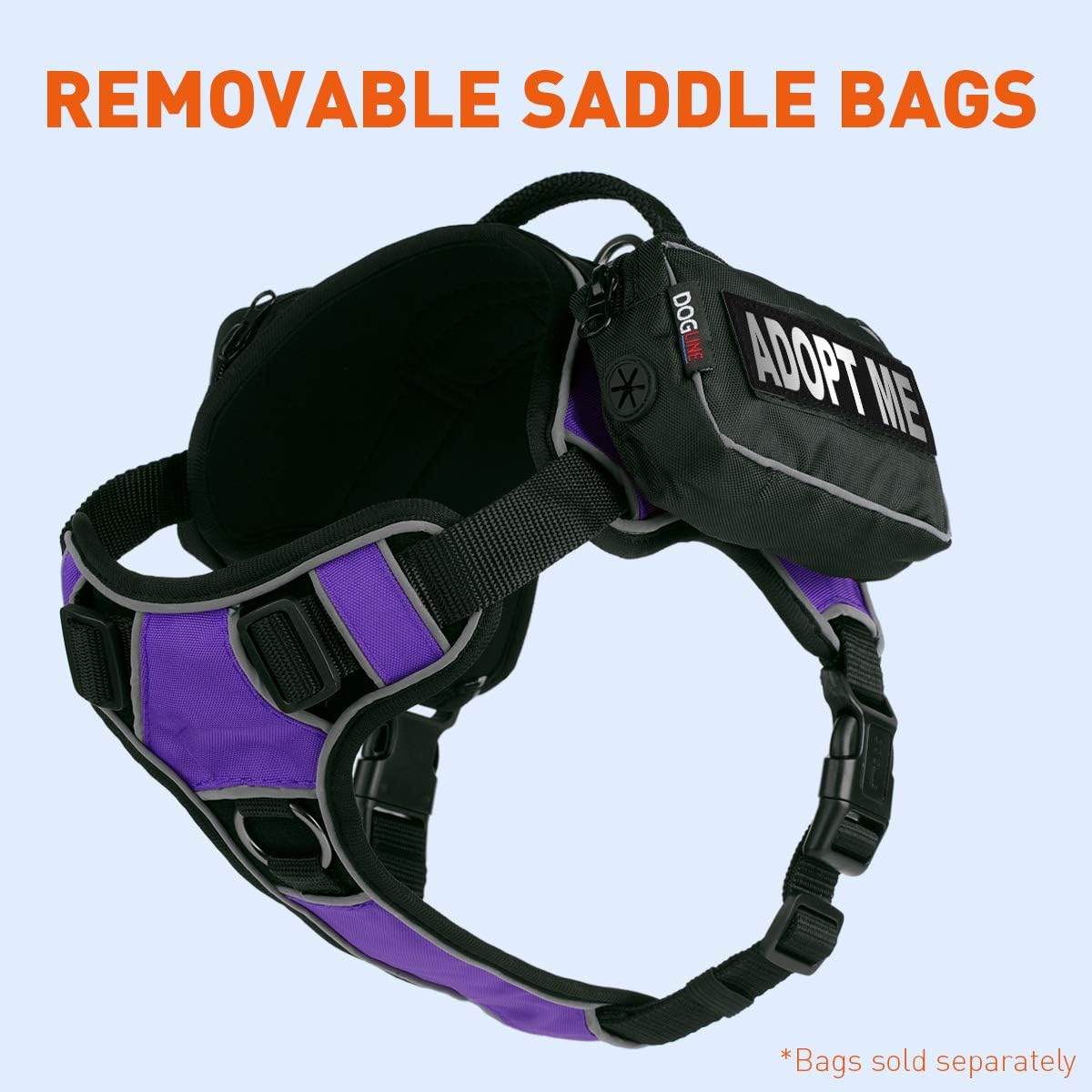 Dogline Quest No-Pull Dog Harness with Adopt Me Reflective Removable Patches Reflective Soft Comfortable Dog Vest with Quick Release Dual Buckles Black Hardware and Handle 18 to 22 inches Purple