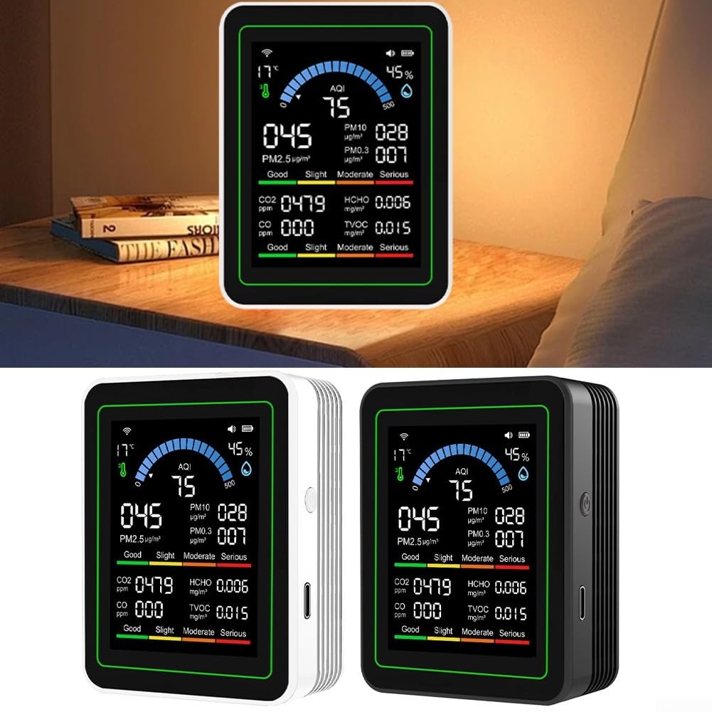 Monitor 10 in 1 della qualità dell'aria per WiFi con PM2.5, HCHO, rilevamento CO, termometro digitale e igrometro, schermo TFT da 2,8 pollici, ricarica Type-C (nero)