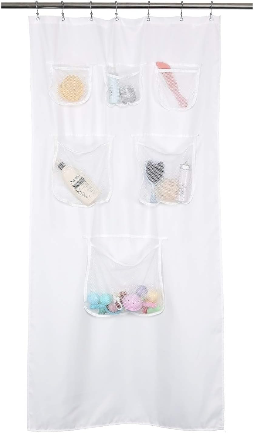 Mrs Awesome Extra-Long Fabric Shower Curtain or Liner with 9 Mesh Pocket, 71 x 84 inch, Water Repellent, Odorless, Washable and Rust Proof Grommets