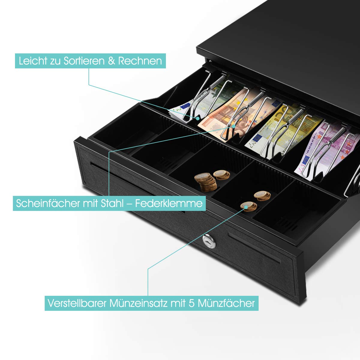 DREAMADE Kassenschublade mit Elektrisch/Manuell Öffnen, Geldschublade Geldkassette, Cash Drawer mit 5 Fächer verstellbar, Geldzählkassette Münzeinsatz Kassenlade, Schwarz