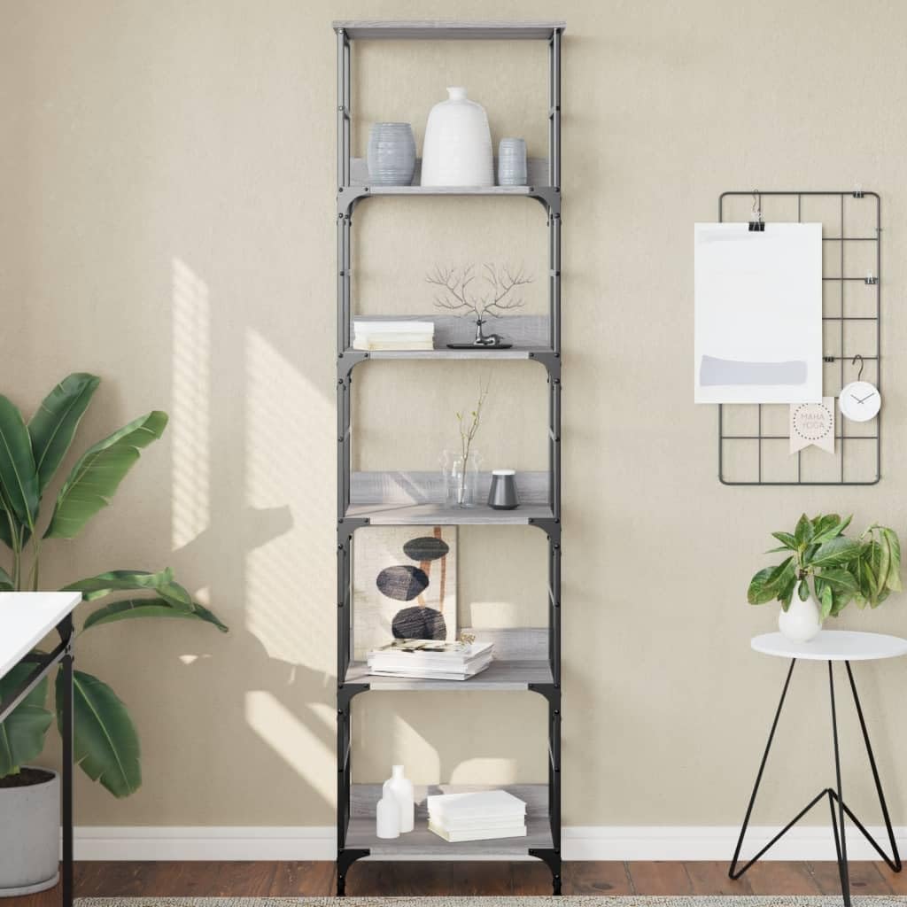 5-Tier Bookshelf Gray Sonoma 50x33x189 cm Engineered Wood & Steel Frame Modern Industrial Style Office Storage Shelf for Living Room Bedroom Corridor