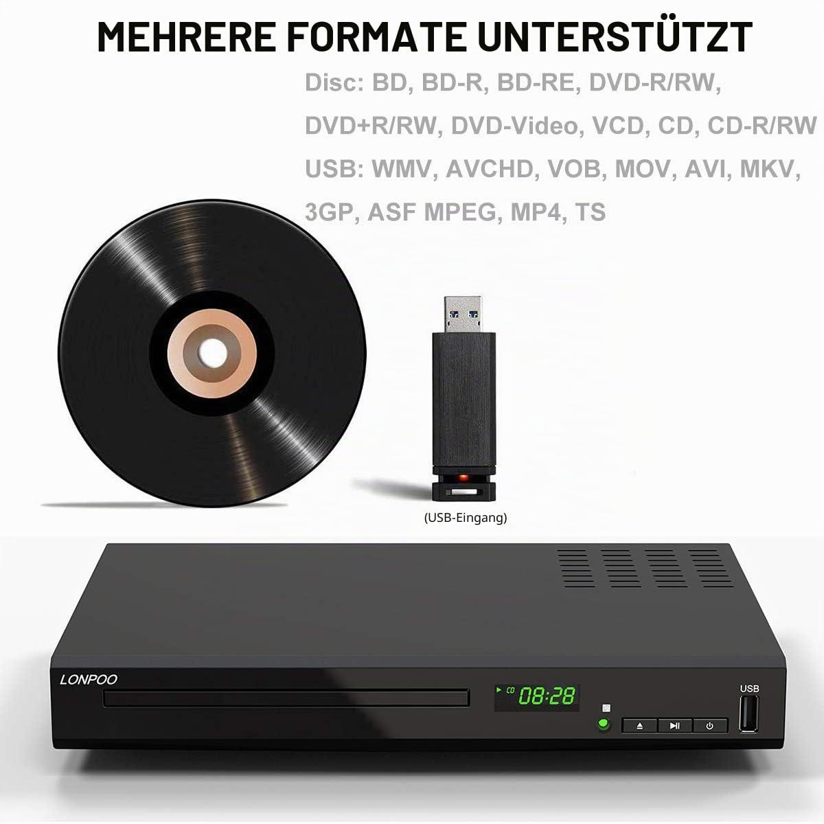HD Blu-ray Player, Kompakter Bluray Player HDMI 1080P-DVD-Player mit HDMI-Ausgang/AV-Ausgang/Koaxialausgang, USB-Eingang, unterstützt alle DVDs und Region B / 2 Blue Ray Disc