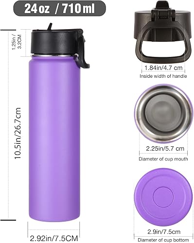 Miniatura 2 de Volhoply Botella de agua aislada de 24 onzas con tapa con pajilla, botellas deportivas de boca ancha de acero inoxidable con asa, termo de doble