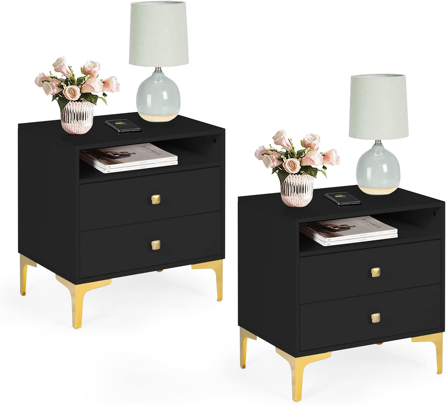 Giluta 3 Drawers Black Nightstand, Modern Bedside Table