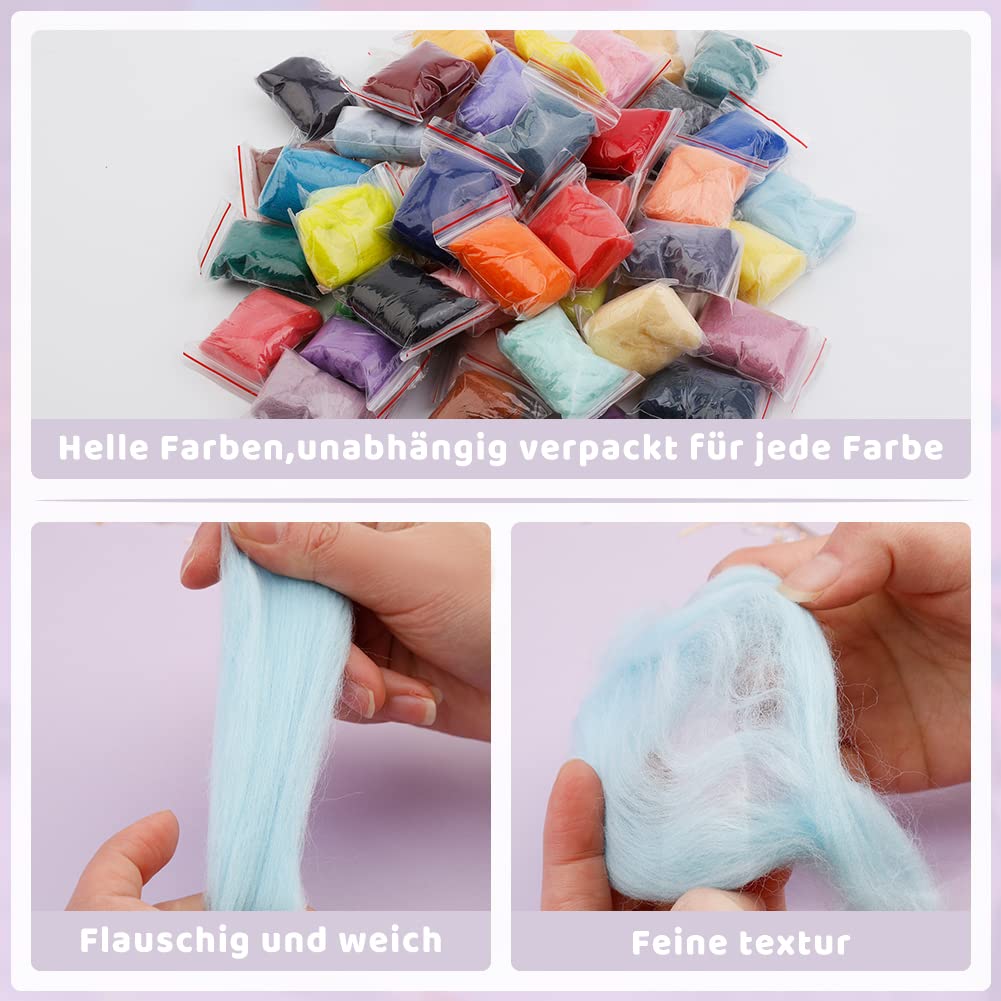 Ruasol Nadelfilz-Set, komplettes Nadelfilz-Werkzeug und Zubehör mit Filzwolle 50 Farben, Nadelfilz-Starter-Set mit Filzformen, hochdichte Schaumstoff-Aufbewahrungsbox für gefilzte Tier-Bastelarbeiten
