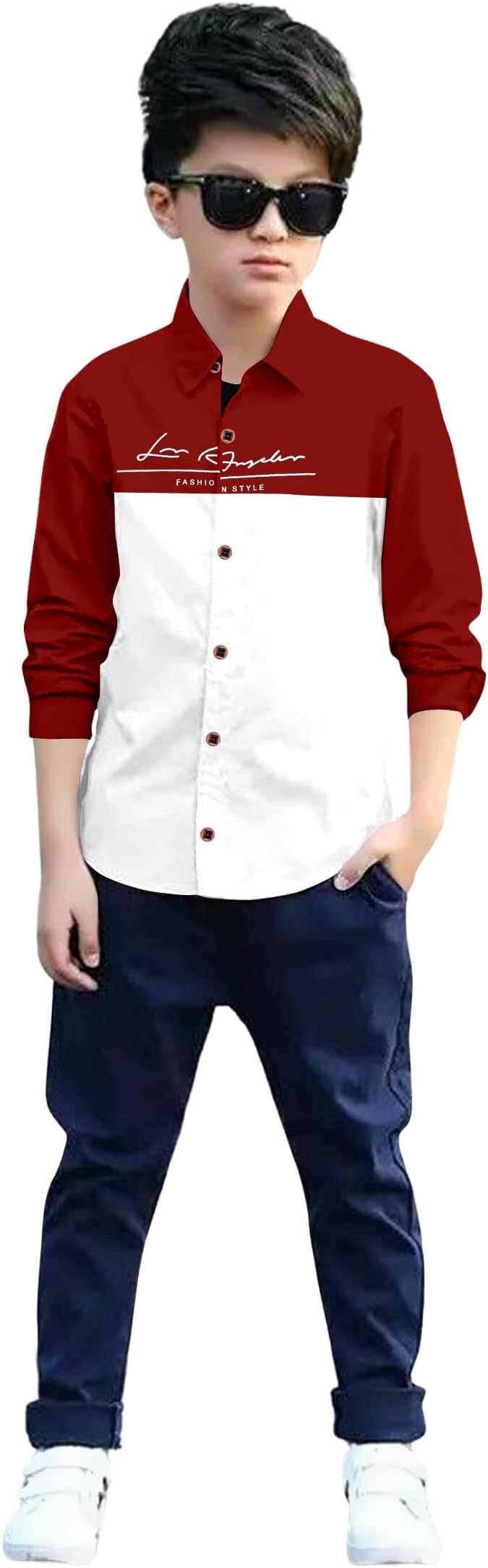 Zilcon Boys Half & Half Long Sleeve Shirts Classic Collared Button-Down Tshirt Solid Cotton Letter Printed Kids & Junior Boys Shirt