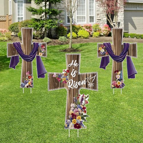 DECEED 3 PCS Easter He Is Risen Yard Signs Religious Yard Signs Easter Outdoor Decorations Easter Cross Lawn Stakes for Home Garden Party