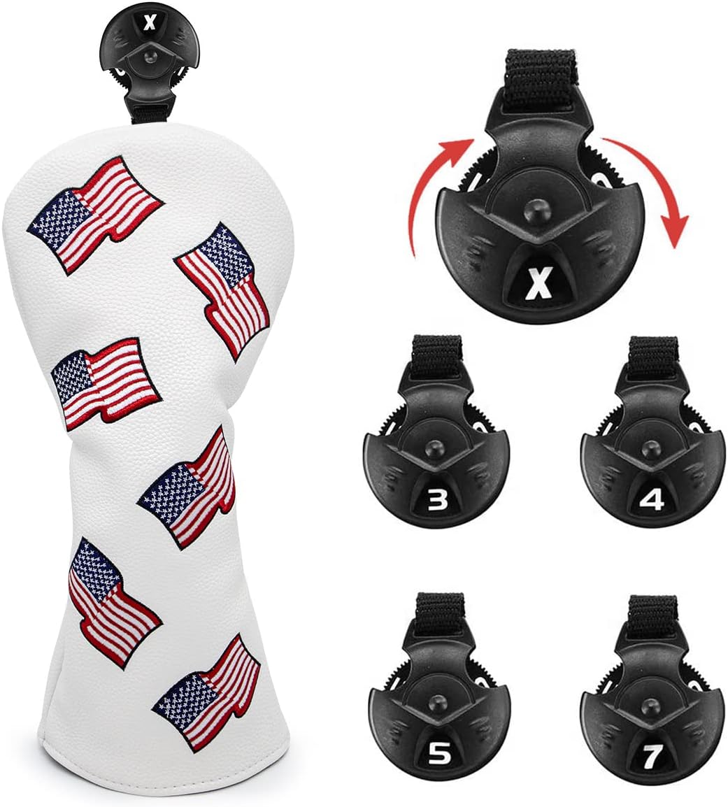 US Flag Patriotism Golf Club Head Covers White for Driver, Fairway Hybrid Woods - 4 Options - Synthetic Leather Golf Wood Head Covers Set(D/F/H), Driver Headcover, Fairway Wood Head Cover, Golf Hybrid Head Cover