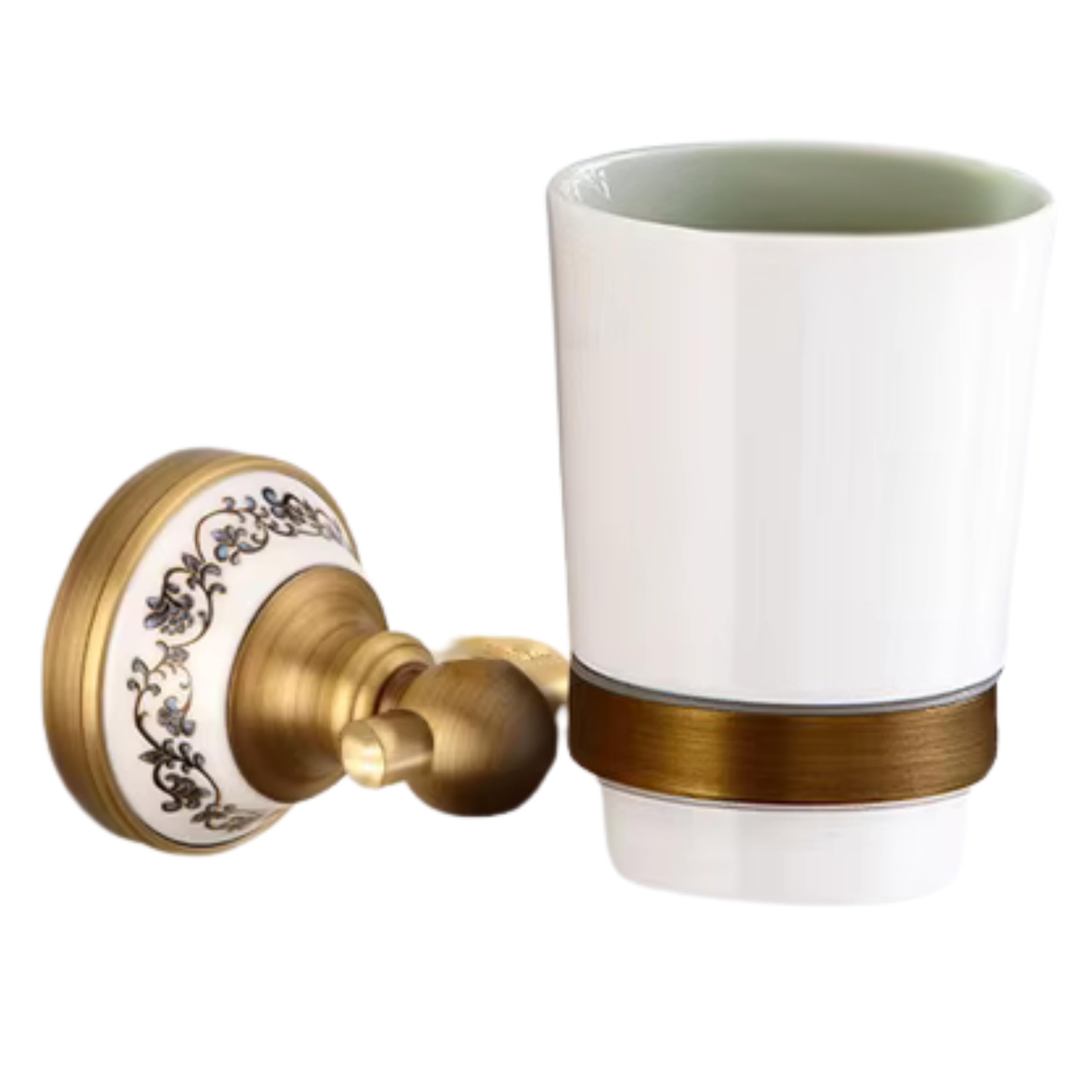Portacepillos de dientes de pared estilo retro de latón y cerámica, soporte de pared para vasos con adorno, soporte de baño para cepillo de dientes y accesorios de baño (1 vaso)