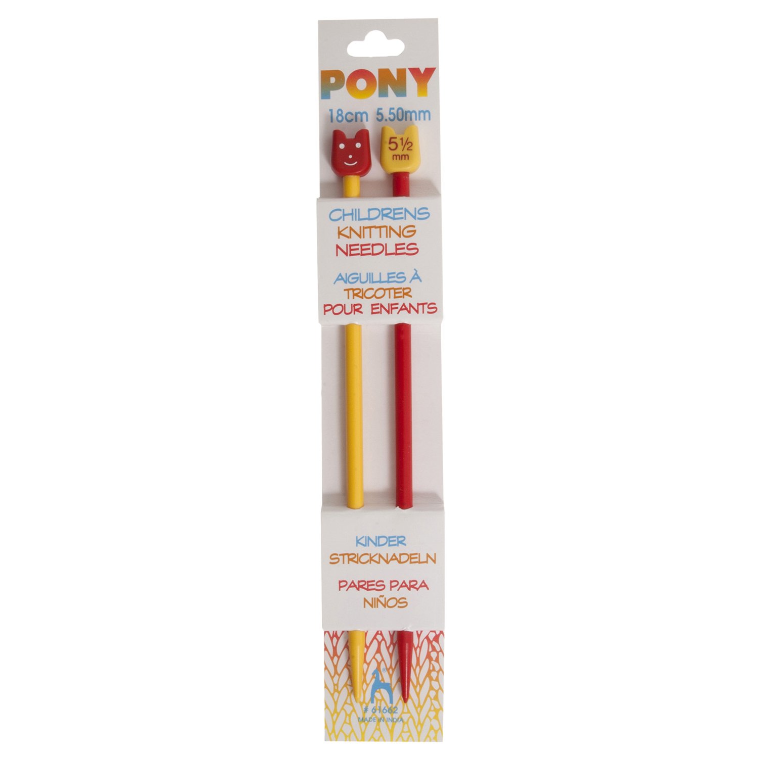 Pony Children's Coloured Knitting Pins: Single-Ended: Plastic: 18cm x 5.50mm: Red/Yellow, Multi, 5.1 x 4 x 24.5 cm