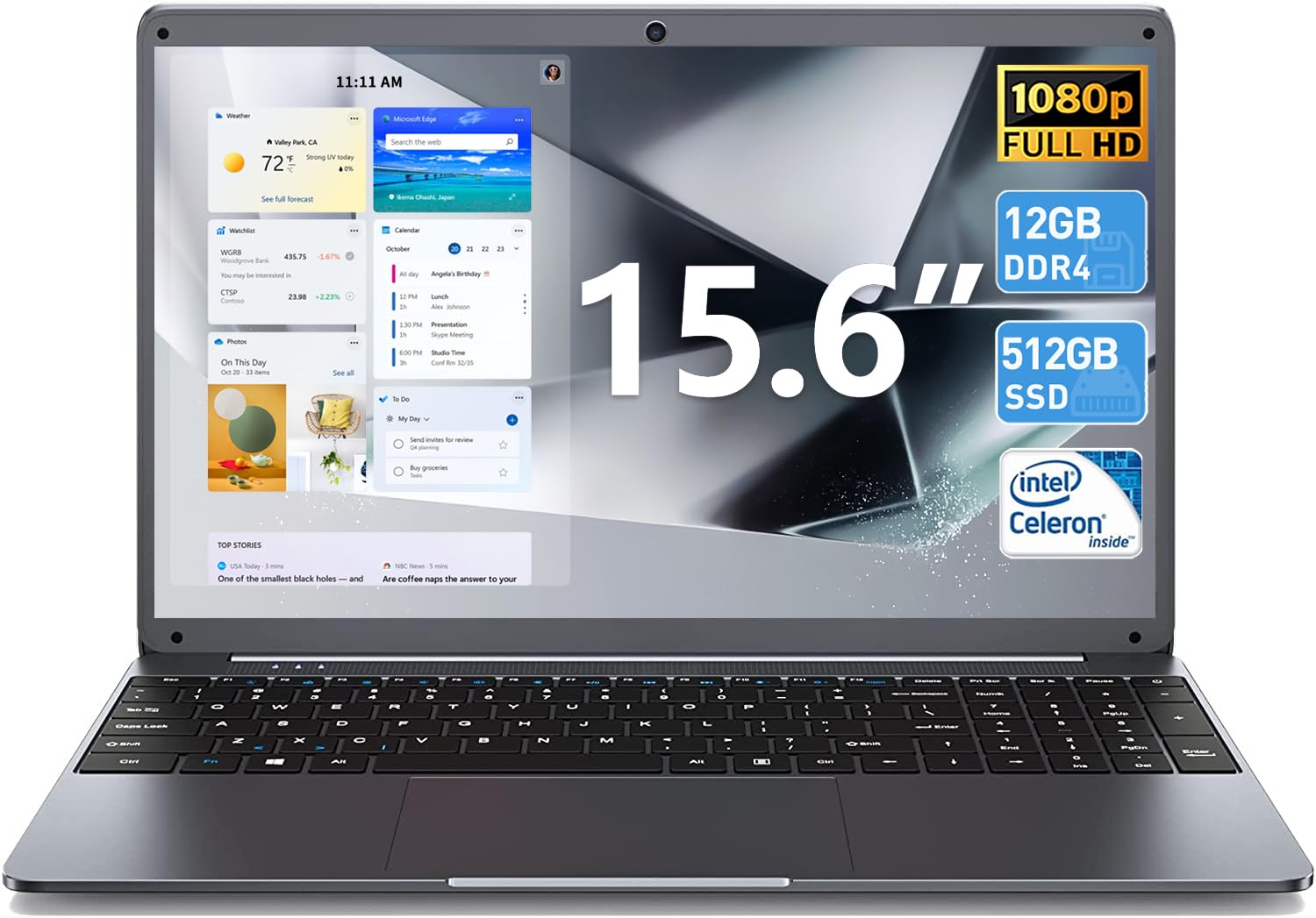 Naclud Laptop 15.6 Inch 12GB RAM 512GB SSD Storage, 1080P Display Full HD Laptop, Celeron N5095, Full Size Keyboard, 2xUSB 3.0, Dual Band WiFi (Gray) (X15)