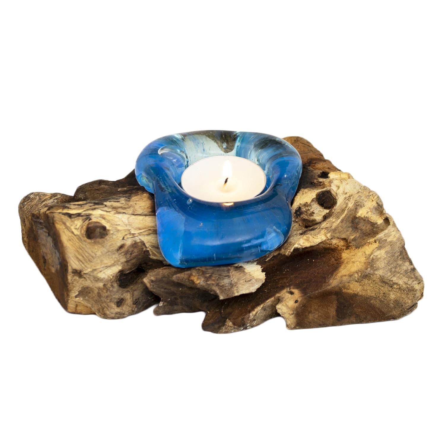 Teak Root Blue Molten Glass Candle Holder, Handmade Rustic Natural Wood, W22cm x H11cm x D16cm, Freestanding Tealight Holder