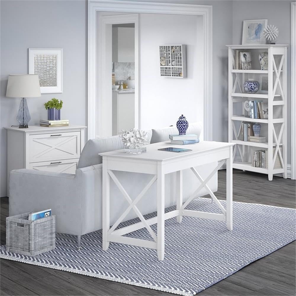 Pemberly Row Office Set, 48W Writing Desk, Lateral File Cabinet, 5 Shelf Bookcase, Post Leg Design, Durable Wood, Washed Gray/Bing Cherry/Pure White Oak Finish, Home Office Furniture for Storage and