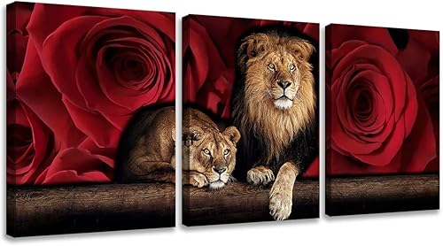 Lienzo estampado de animales león arte de pared con diseño de león honorable y seguro estirado y enmarcado listo para colgar para sala de estar
