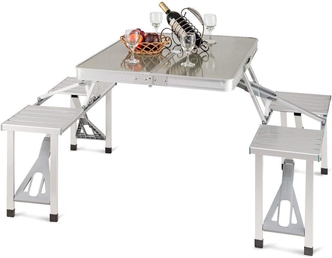 Aluminum Portable Folding Picnic Table with Umbrella Hole and 4 Seats, Outdoor Suitcase Camping Table Game Table
