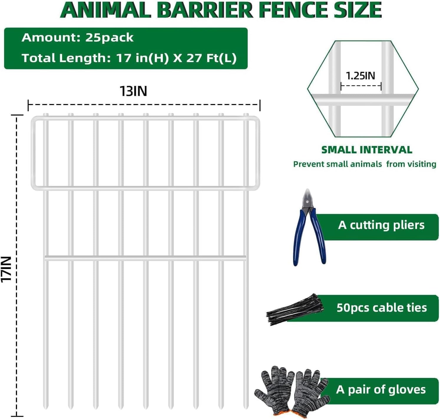 25 Panels Garden Fencing Animal Barrier, 17in (H) X 27ft (L) No Dig Dog Fence, 1.25 in Gap Fence Border for Dogs Rabbits, Rustproof Metal Decorative Fences Blocker for Outdoor, Yard, Patio, White