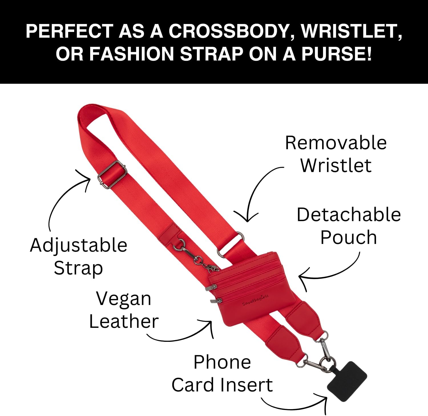 Save the Girls Clip and Go Phone Strap Solid (Red - Red Pouch) - Crossbody Phone Strap Chain with Zipper Wallet Pouch – Phone Lanyard with Zippered Pouch
