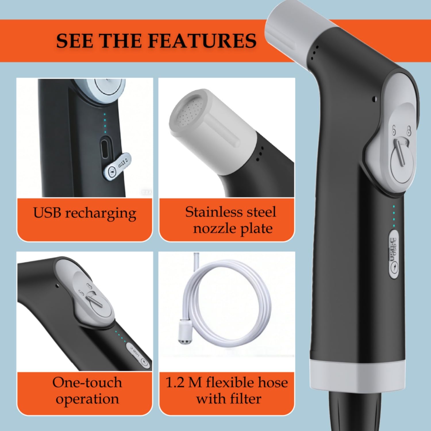 Bidet tragbar, po dusche elektrisch, wiederaufladbare Reise Bidet für Toilette, Camping, Wandern, ältere Pflege, Mutterhygiene (Black)