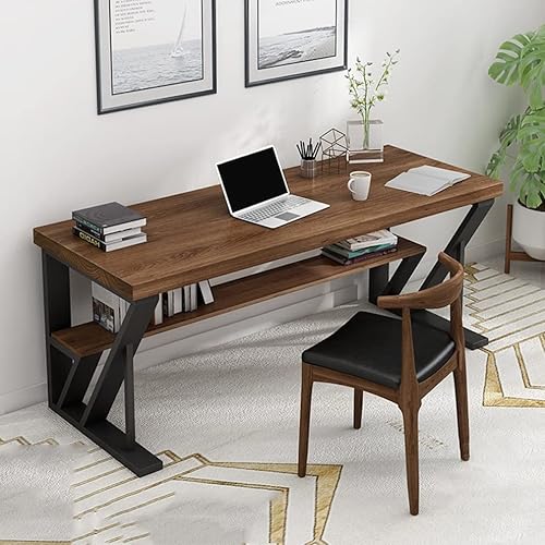 Miniatura 4 de Mesa moderna de madera maciza de metal escritorio de computadora de oficina en casa escritorio de estudio con estante de almacenamiento tablero de