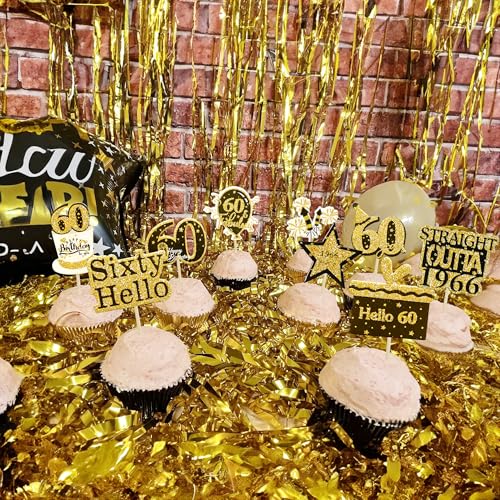 Gyufise 36Pcs Happy 60th Birthday Cupcake Toppers Glitter Black Gold Sixty Straight Outta 1966 Cupcake Picks 60 Fabulous Cheers to 60 Years Cake Decorations for 60th Birthday Party Supplies - Image 3