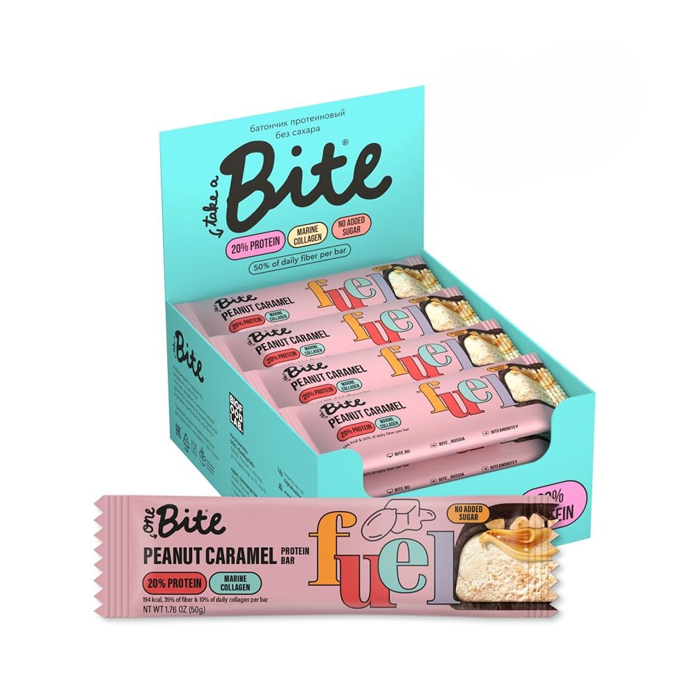 One BiteProtein & Collagen Bar | 16 X 50g | Glazed Peanut Salted Caramel Flavor | 20% Protein | Collagen and Fiber Rich | No Added Sugar