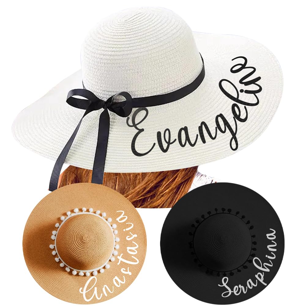 YINYIFANS Sombrero de sol para mujer, texto personalizado, sombrero de paja plegable de ala ancha, protección UV 50+, sombrero hecho a mano, regalo para luna de miel/azul oscuro
