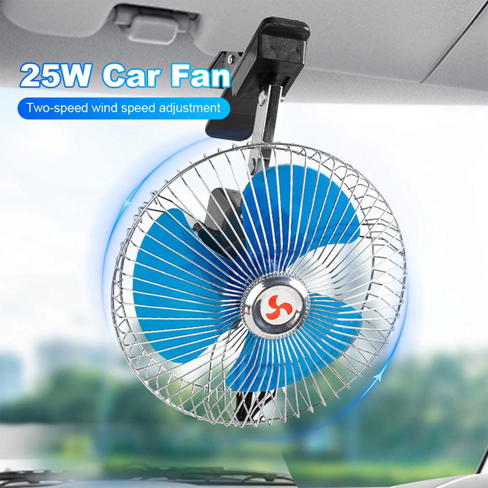 Starnearby Ventilateur de Voiture 6 Pouces 12V/24V, Mini Ventilateur de Refroidissement Voiture à Pince, 2 Vitesses Réglable, Ventilateur de Voiture Allume Cigare pour Camion, SUV, RV
