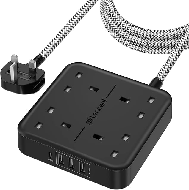 LENCENT Extension Lead with USB C Port, 4 Way Outlets Power Strip with 1 USB-C and 3 USB Slots, Multi Power Plug Extension with 1.8M Braided Extension Cord for Home Office 3250W- Black