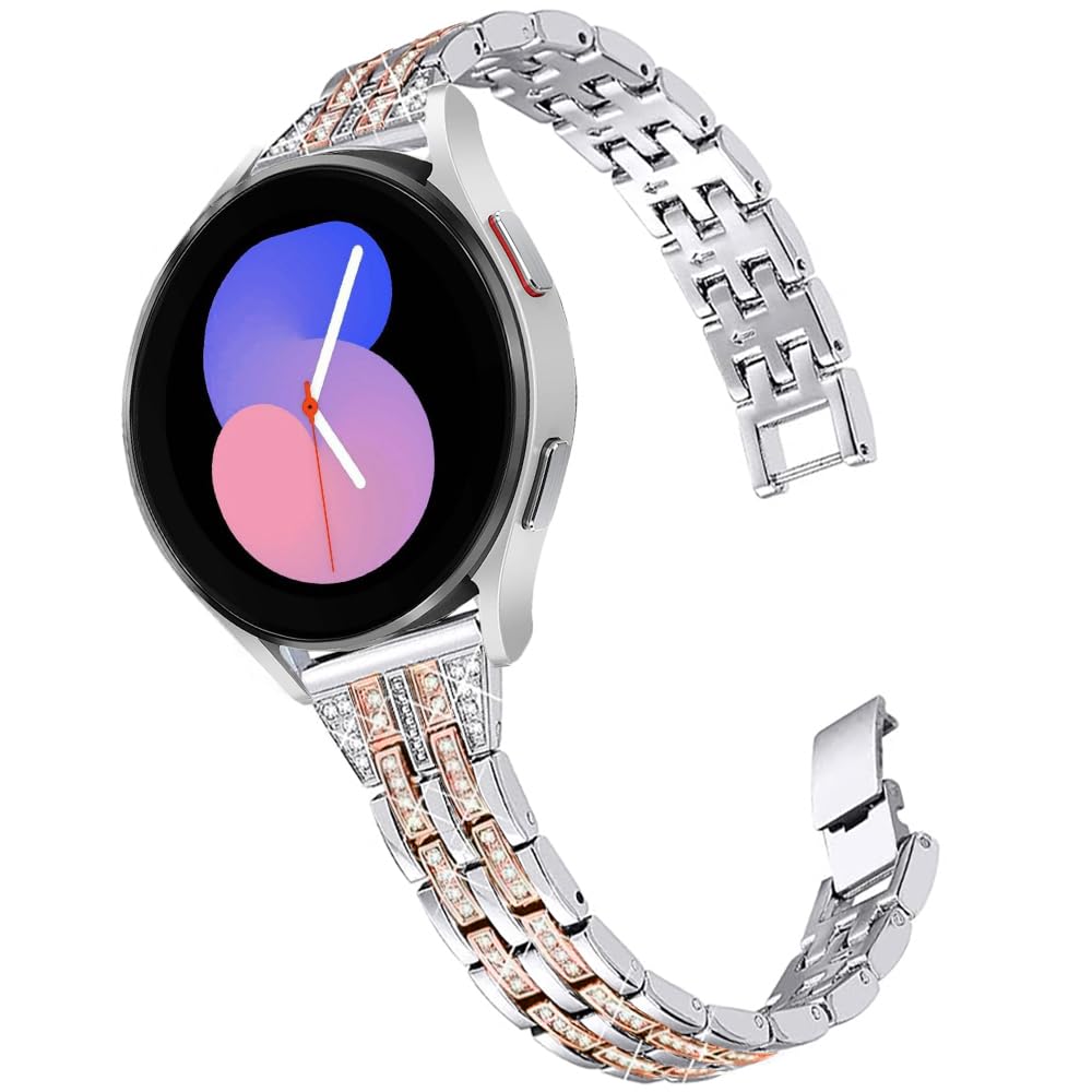 Bands Compatible with Samsung Galaxy Watch 7 / FE / 6/6 Classic / 5/5 Pro / 4/4 Classic/Huawei GT3 / GT2 42mm, 20mm Bling Diamond Metal Replacement Strap for Women Men, Rosegold-silver