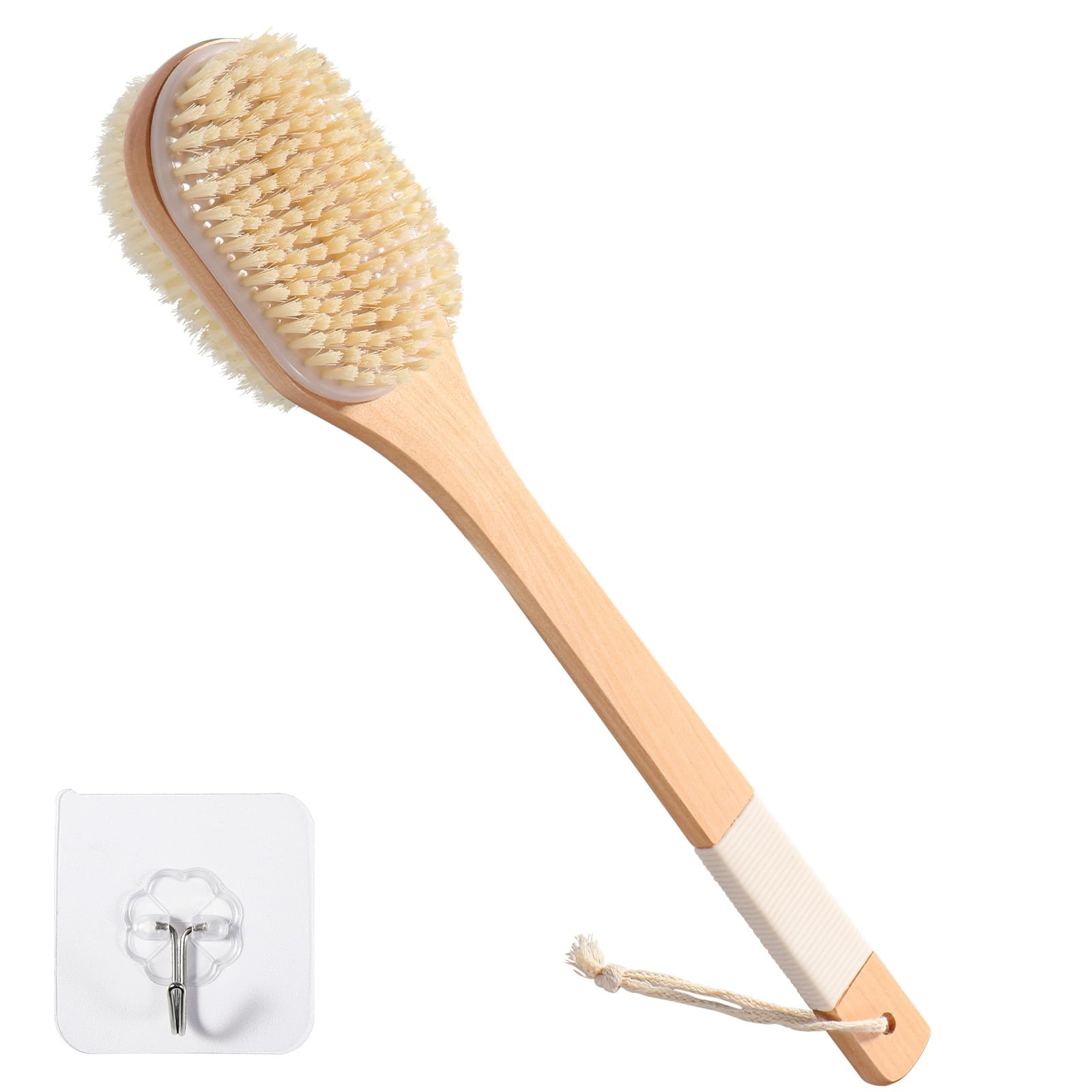 Blendura Szczotka do pleców, prysznic z długim trzonkiem, szczotka do czyszczenia pleców, szczotka do masażu na mokro i na sucho, 43 cm długi uchwyt drewniany, Kolor drewna, badebürste mit langem