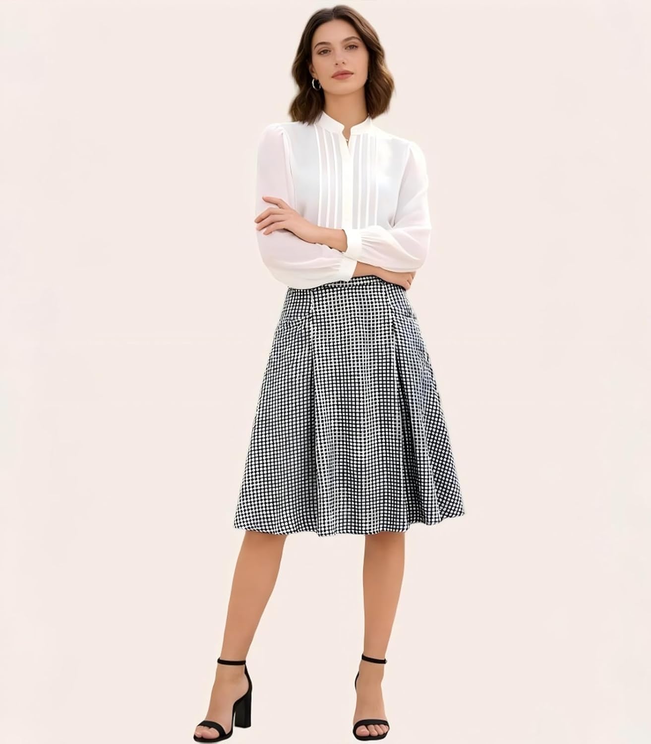 RIHOAS Plaid Skirts for Women Work Office Casual Zipper Ruched A-Line with Pockets Midi Skirt Trendy