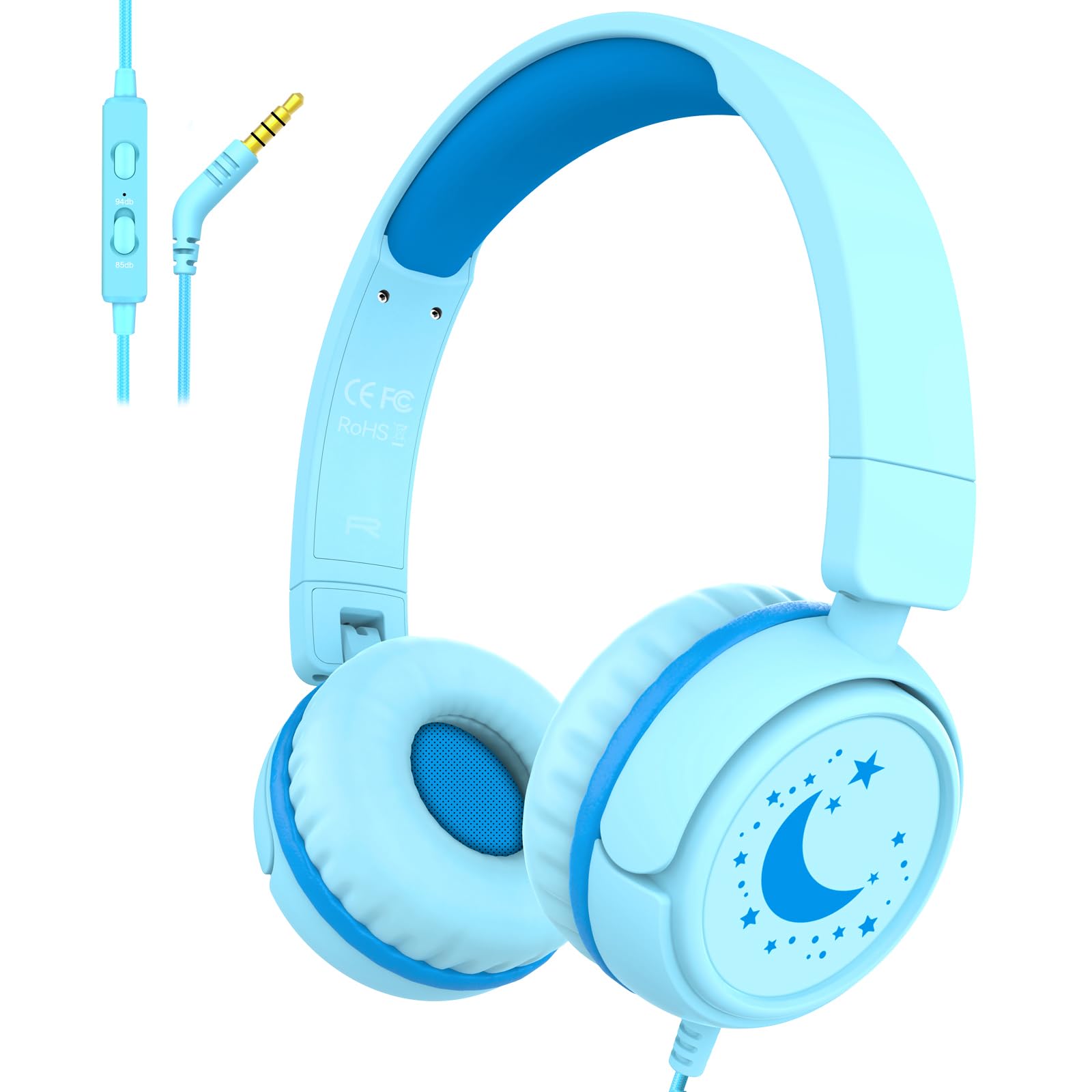 K6 - Cuffie per bambini per la scuola, limite di volume 85/94 dB, cuffie cablate per bambini, jack da 3,5 mm, pieghevoli, con microfono, cuffie per smartphone, iPad, tablet, aereo, viaggi (ciano)