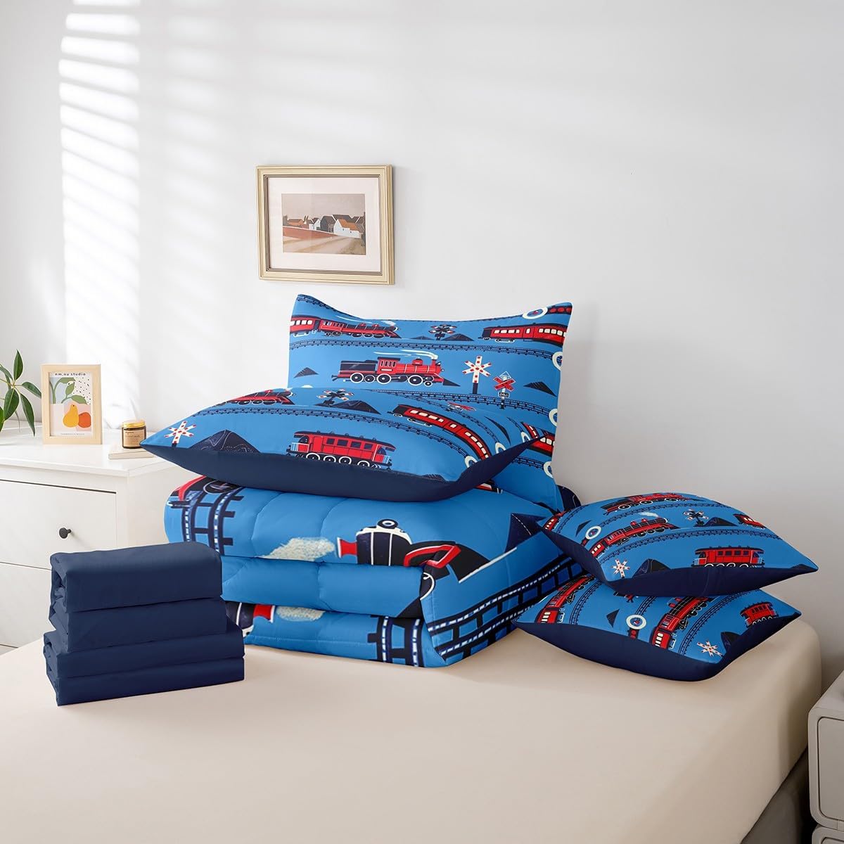Erosebridal Boys Train Twin Comforter Set Cartoon Car Toddler Bedding Set, Traffic Transportation Track Bed Set (1 Comforter, 1 Flat Sheet 1 Fitted Sheet 2 Pillowcases and 2 Throw Pillow Covers)