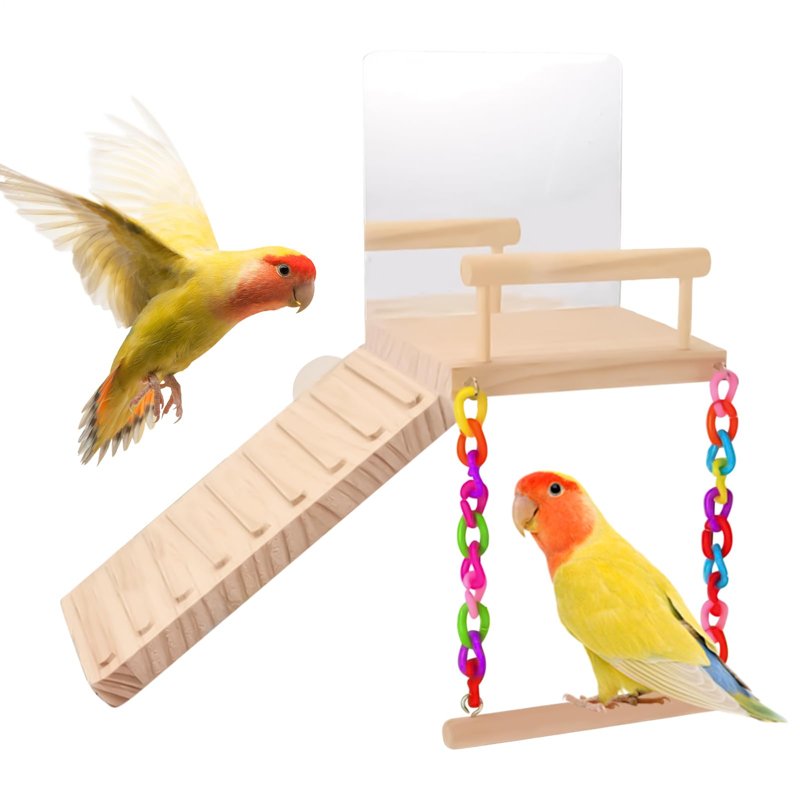 Balançoire oiseaux anti-ennui en bois avec miroir pour cages de perruches