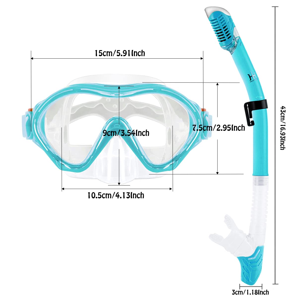 HH HHAO SPORT Snorkel- en vinnenset voor kinderen, 180° panoramische duikbril, hoogwaardig masker