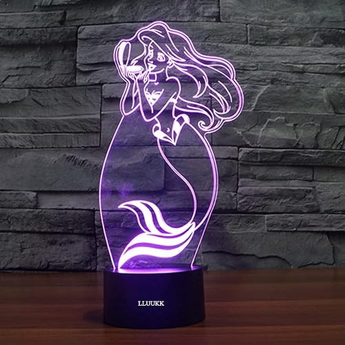 Lámpara de escritorio óptica 3D de la Sirenita, lámpara LED de noche, lámpara LED de mesa con cambio de 7 colores con cable USB para decoración del