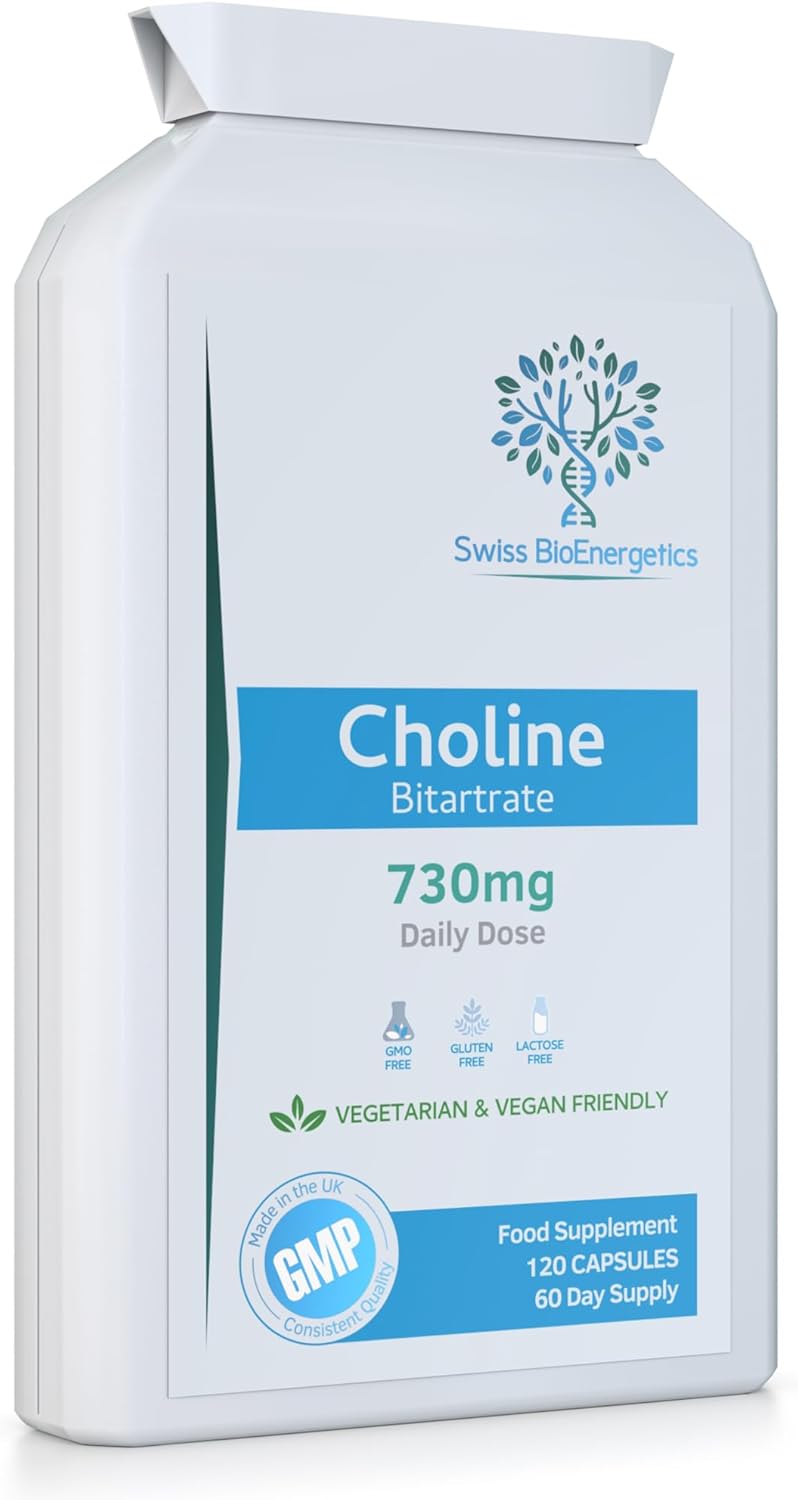 Choline Bitartrate 730mg Daily Dose, 120 Vegan Choline Supplement Capsules – UK Made Support for Healthy Liver Function and Fat Metabolism