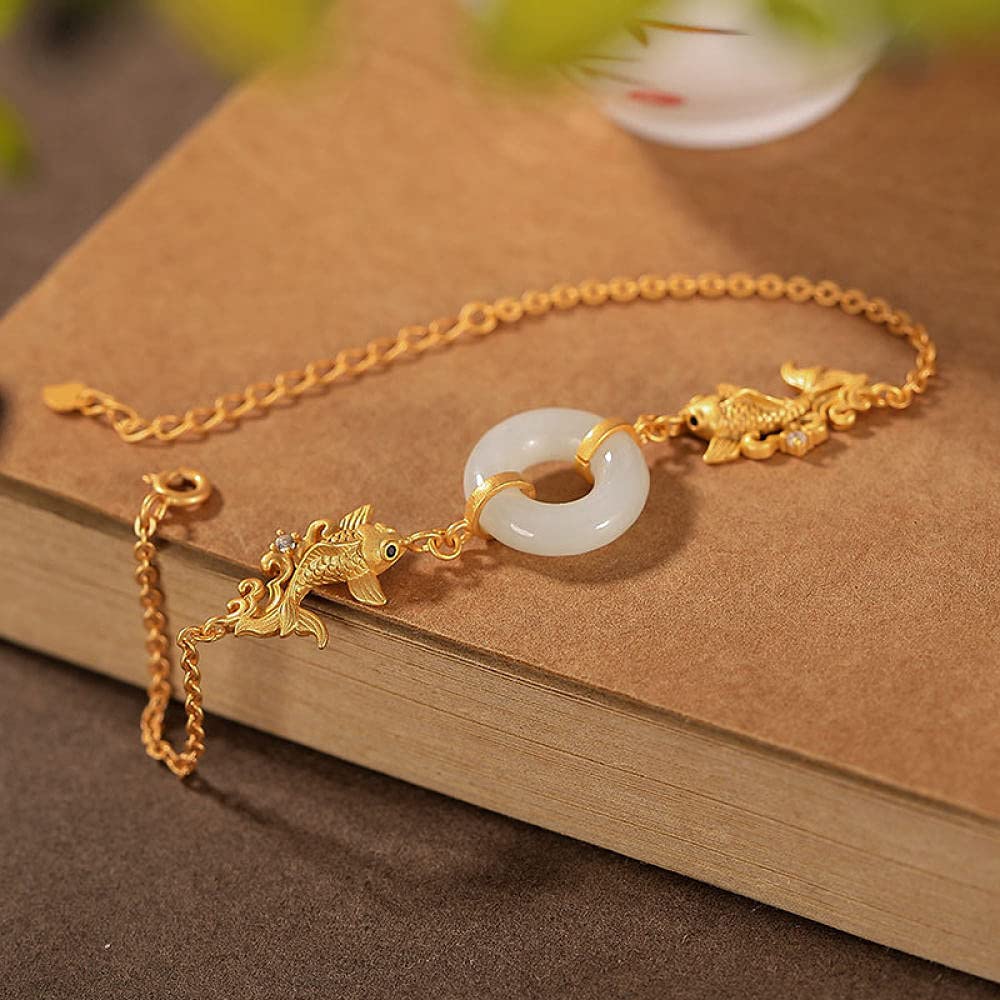 Girls Accessories Bracciale in Argento Sterling 925 Vintage per Donna Semplice Giada placcata Oro Doppio Pesce Carpa Fibbia sicura Gioielli Classici Fascino Spiaggia Estiva Birthday Gift