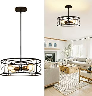 Sponsored Ad - DLLT Black Round Pendant Light, 18" Industrial Metal Drum Cage Chandelier, 4 Light Hanging Lighting Fixture...
