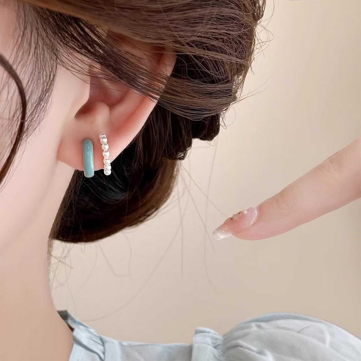 Vintage Tiny Pearl Hoop Earrings Blue Enamel C Shape Earrings Split Double Hoop Earring Illusion Huggie Stud Earring Jewelry for Women - Image 2