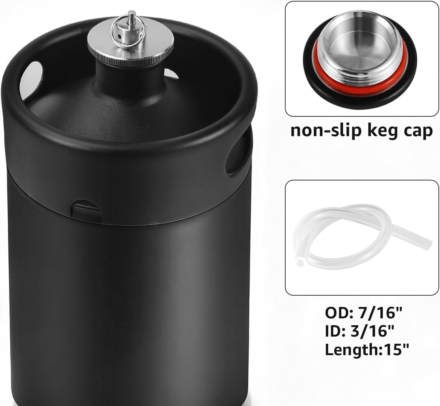 MRbrew Pressurized Mini Keg 64oz, 304 Stainlsee Steel Mini Kegerator with Exhaust Valve Designed Cap Portable Beer Growler for Homebrew And Craft Beer (Black)