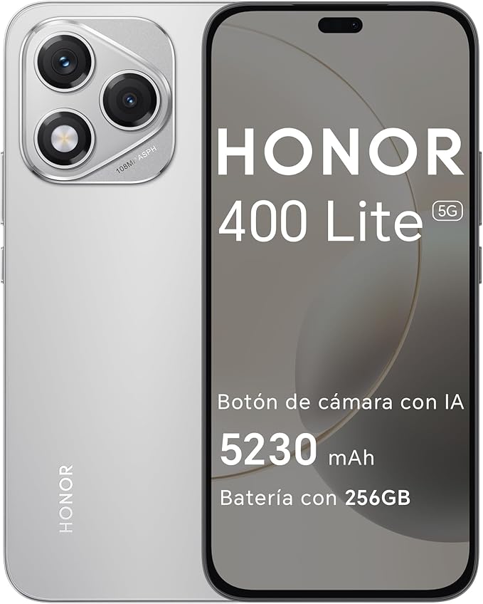 HONOR 400 Lite 5G - Smartphone de 8GB+256GB, Dual SIM NFC, 108MP con Botón con IA, 6.7'', Pantalla AMOLED con protección de la Vista, Batería de 5230mAh, IP65&SGS, MagicOS 9.0, Velvet Gray