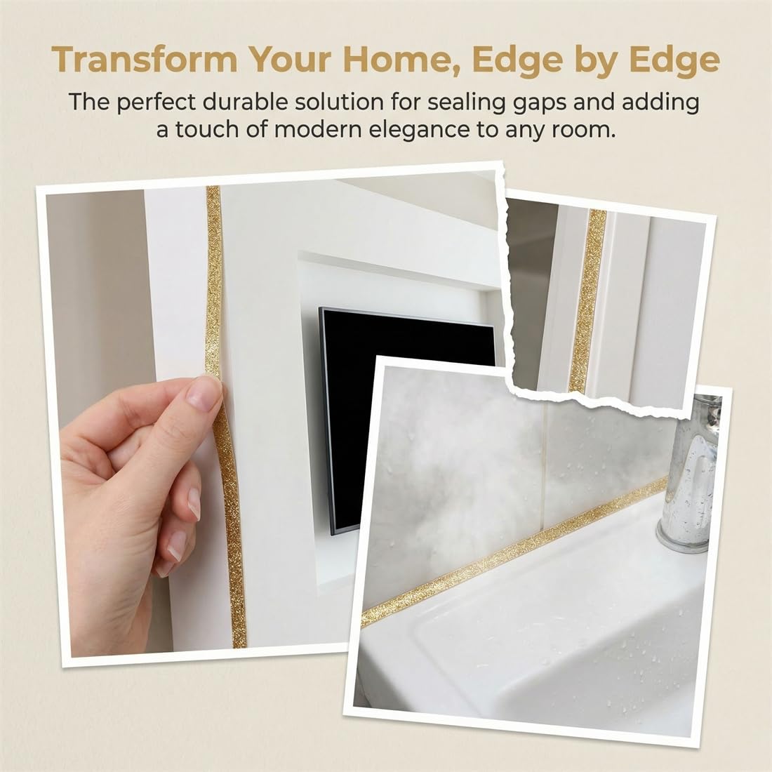 Self Adhesive Gap Tape, 19.68ft Waterproof Caulk Strip for Kitchen Sink, Bathtub, Toilet, Wall Edge Protection, Peel and Stick Decorative Trim (Glod 2, 8mm*24m)