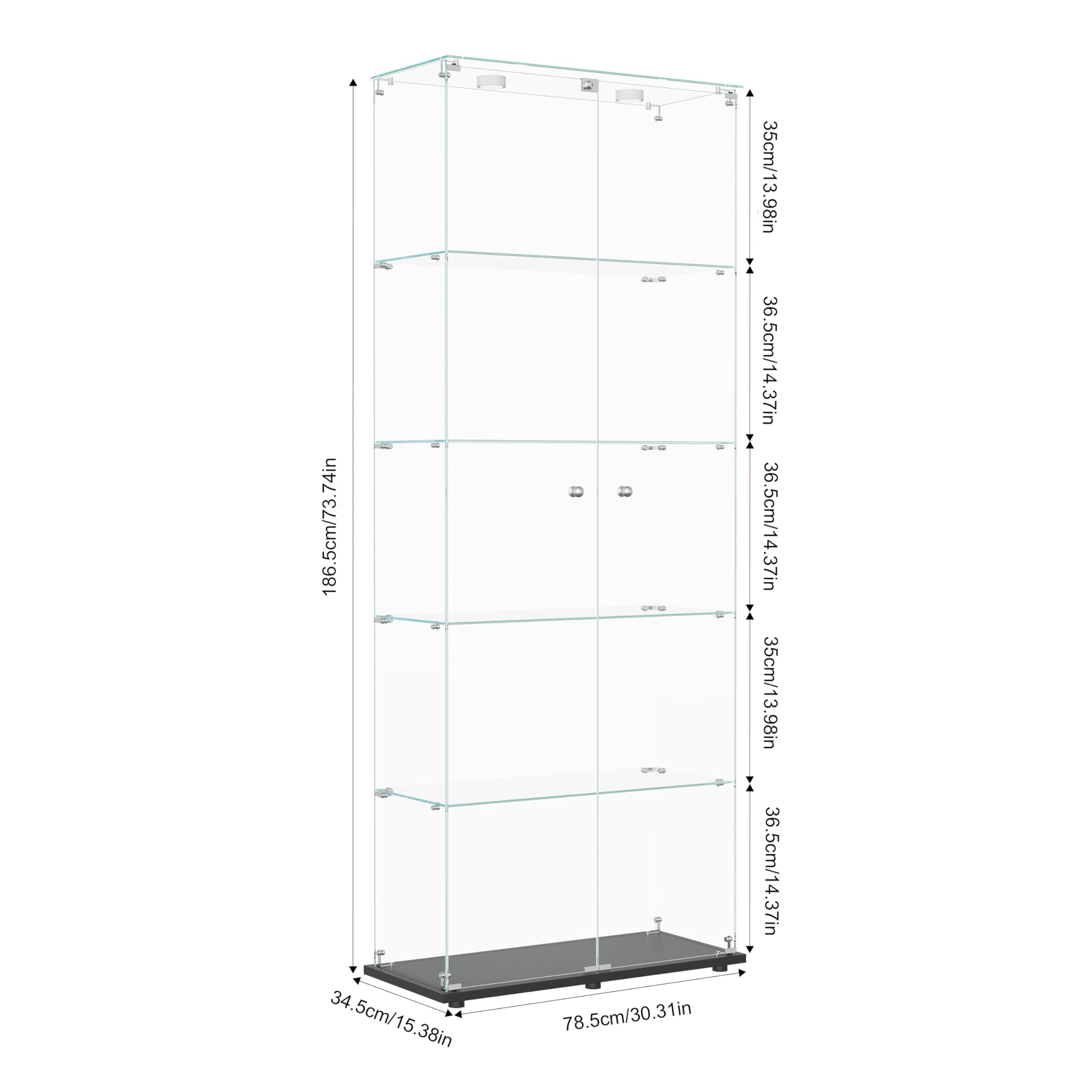 BRILVERDE Vitrina de cristal LED, mueble expositor de 5 estantes y puerta con cerradura, vitrina para colecciones, libros, modelos, botellas, salón y oficina (negro, 186 x 78 x 34 cm)
